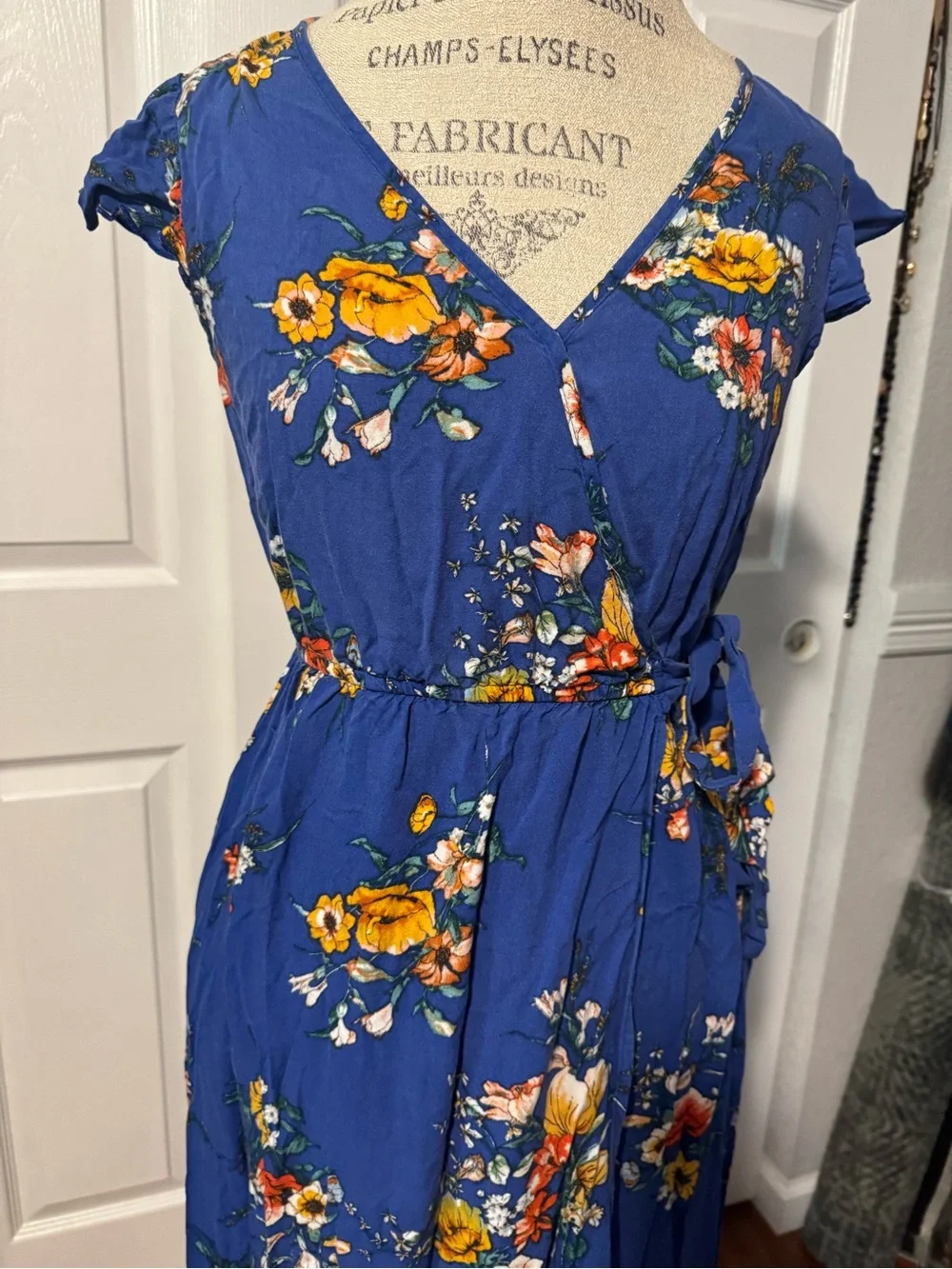 Medium Blue Floral Wrap Maxi Dress with Pockets
